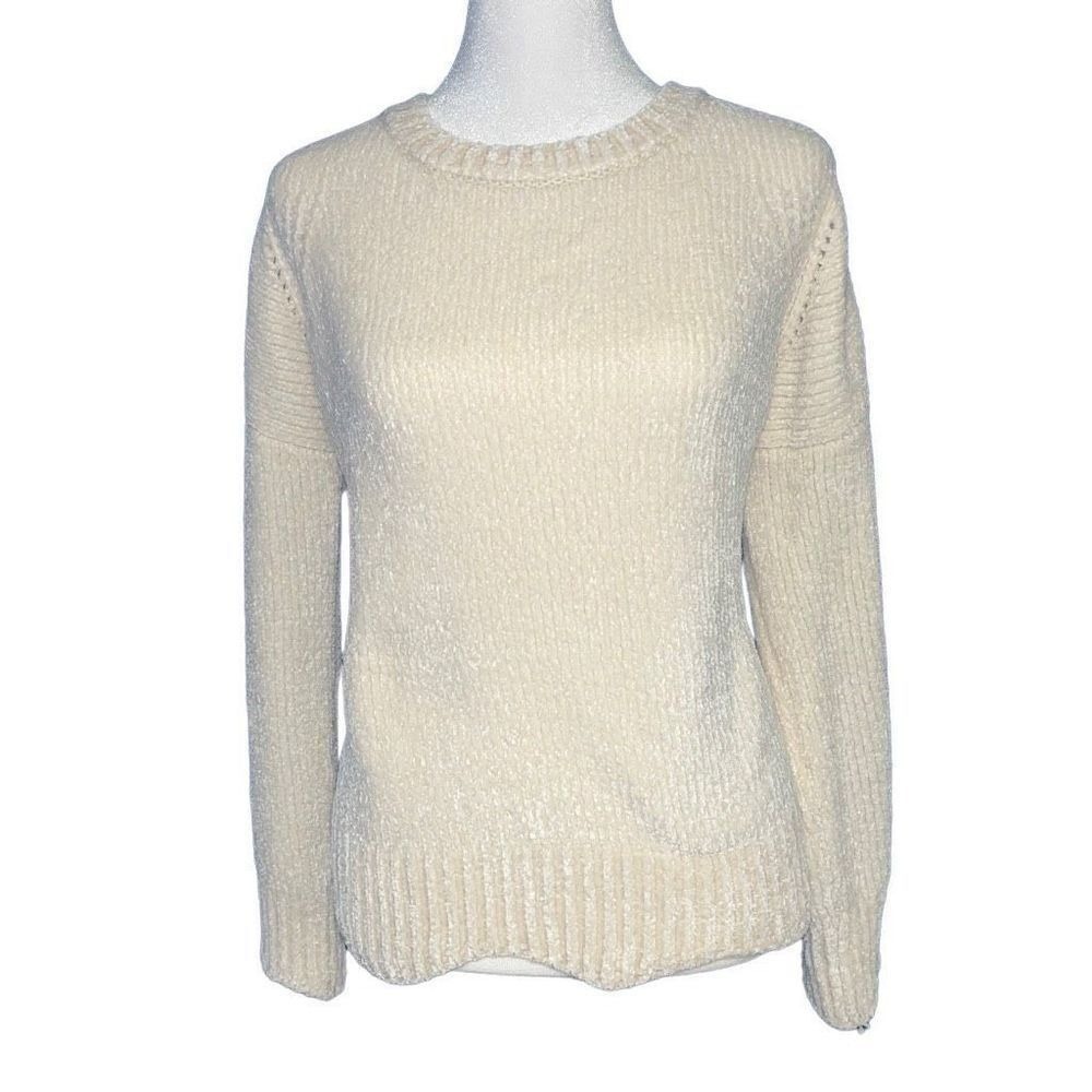 Altar'd State Cream Chenille Knit Crew Neck Sweater Large Ivory Fuzzy Pullover